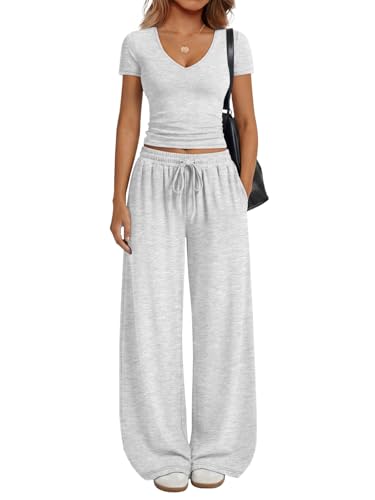 Trendy Queen 2 Piece Lounge Sets for Women Summer 2026 Two Piece Matching Loungewear Sweat Sets Spring Fashion Travel Airport Outfits Sweatsuits Casual Cute Clothes Track Suits Oatmeal Grey M