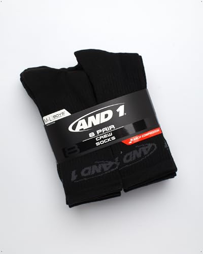 AND1 Boys' Crew Socks - 8 Pack Soft Athletic Mid Calf Cushioned Sports Socks (S-L)3