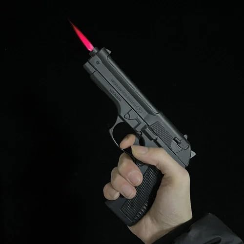 Image of 608 Heavy Metal Gun Lighter with Barrel Pull Back Heavy Metal Made Black Color Gun Shape Gas Lighter with PU Case | Loading Feature Dummy Gun