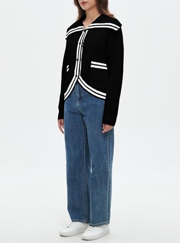 Image of Ladyful Stripped Cardigan for Women Lapel Button Down Open Front Sweater Long Sleeve Knit Outerwear