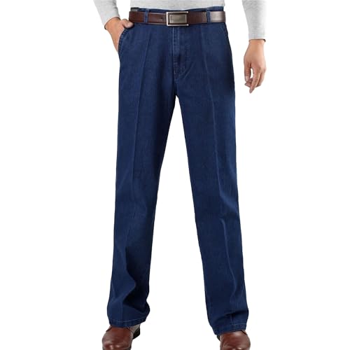 Maiyifu-GJ Men's Loose Straight-Fit Jeans Comfort Elasticity Business Denim Pants Casual Retro Trousers (DarkBlue1,34)