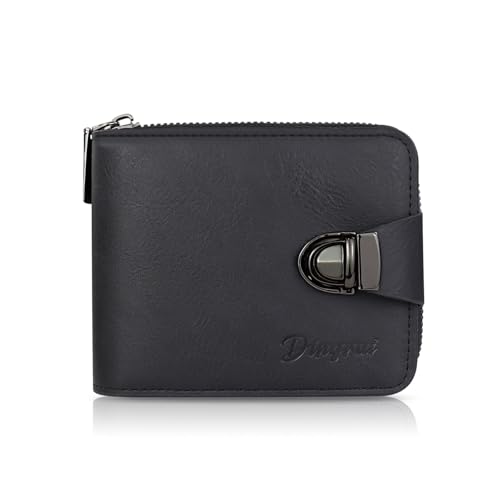 WishLotus Zipper Trifold Wallets for Men, Classic Leather wallet Come with 5 Credit Card Slots 1 Coin Pocket and 2 ID Window (Black)
