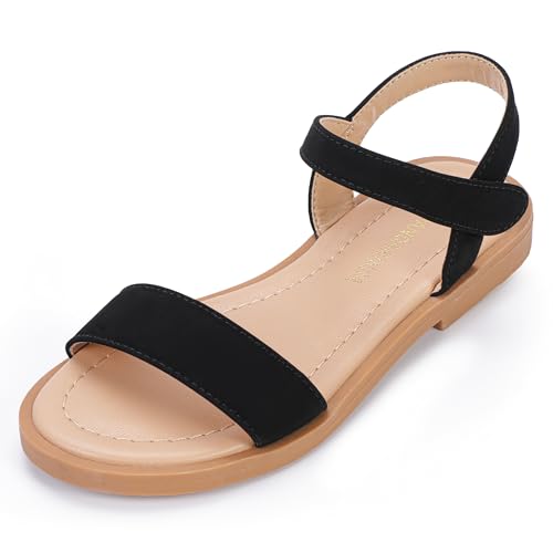 PANDANINJIA Gina Girls Sandals Open Toe Summer Flats Dress Sandals Shoes Toddler/Little Kid/Big Kid (Black Nubuck, 4 M US Big Kid)