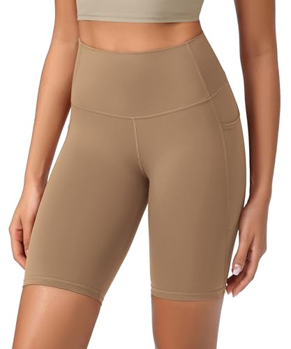 ODODOS Women's High Waist Lounge Yoga Shorts with Pockets, 8" Buttery Soft Biker Shorts, Light Brown, X-Large