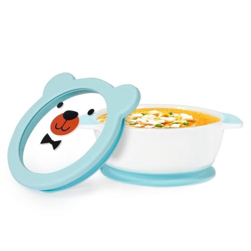 MR. CHOU Ceramic Baby Bowls with Suction Base, Infant Led Weaning Supplies with BPA Free Airtight Lid & Handles for Babies Self-feeding, 100% Food Grade Kid Bowls, Microwave & Dishwasher Safe, Blue