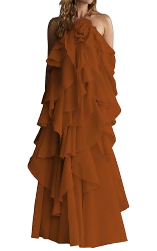 Chiffon 3D Flower Prom Dress Spaghetti Strap Tiered Ruffles Bridesmaid Dresses Backless Long Evening Party Gown