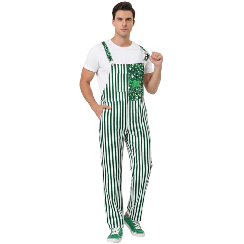 Apparlxer Mens St Patricks Day Overalls Green Striped Jumpsuit Adjustable Straps Irish Shamrock Costume for Parade Festival
