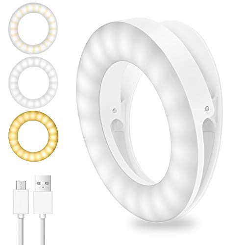Selfie Ring Light, 40 LEDs USB Rechargeable Portable Clip-on Selfie Fill Light, 3 Light Modes LED Circle Light for Camera Phone, Video and Make up (White)