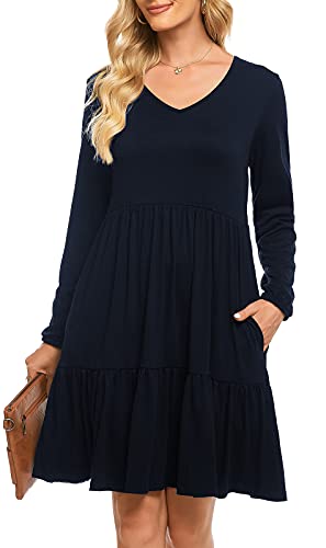 Berydress Women s Long Sleeve Sexy V-Neck Loose Fit Casual Dresses Ruffle Swing Babydoll Flowy Shift Dresses with Pockets (L, 6165-Navy)