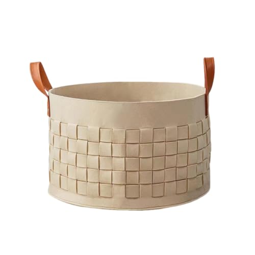 Cesta de almacenamiento de fieltro con asas de cuero, plegable, organizador de ropa sucia y mantas, cesta redonda grande y duradera para juguetes, toallas, armario y decoración del hogar (beige)