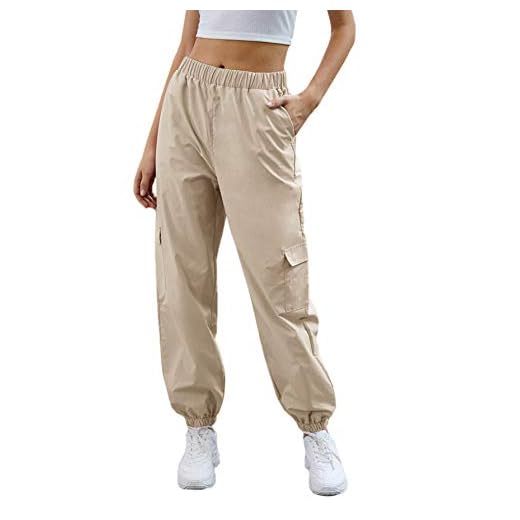 SweatyRocks Women's Casual Elastic Waist Jogger Workout Cargo Pants with Pockets Khaki M.