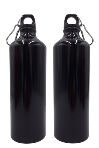 BURI 2X Alu Trinkflasche 1Liter schwarz glänzend Karabiner Wasserflasche Sportflasche