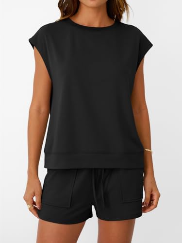 LILLUSORY Womens Crew Neck Cap Sleeve Drawstring Two Piece Summer short Sets Sweatsuit with Pocket4