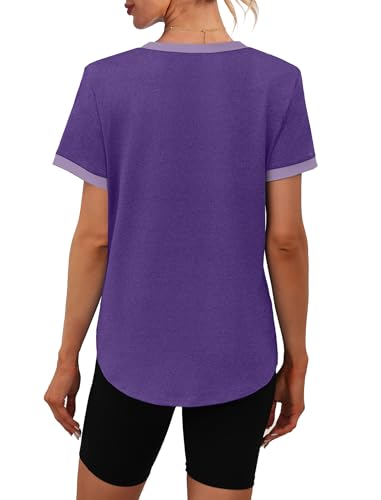 Image of Womens Workout Tops Summer Short Sleeve Shirts Athletic Color Block Gym Clothes Outfits Sun Protection UPF 50+ T Shirts