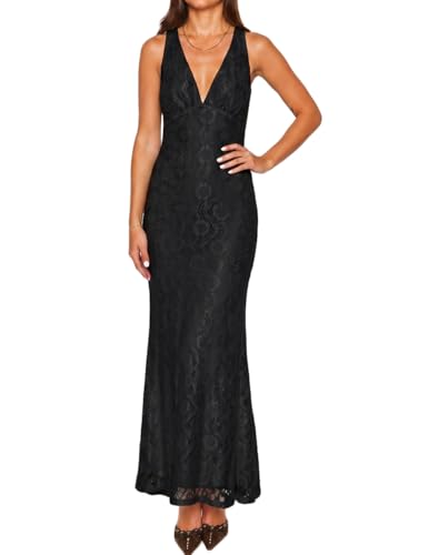 Image of Elegant Lace Floral V Neck Backless Bodycon Dresses for Women Sexy Cut Out Low Back Sleeveless Maxi Dress Wedding Guest