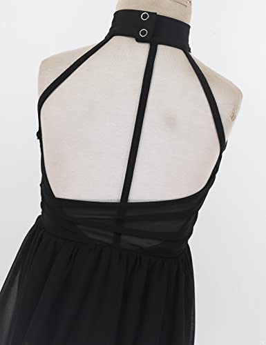 Jeatha Kids Girls Sleeveless Halter Neck Mesh Splice Leotard Dress Ballet Lyrical Dance Costume Black 12 #TOP3