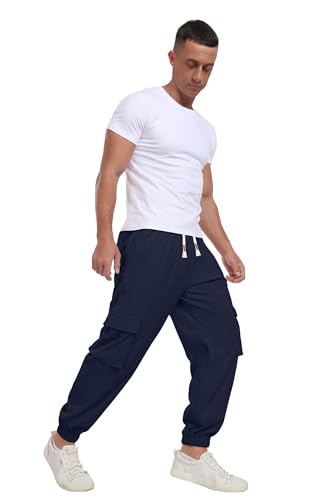 Askdeer Mens Corduroy Joggers Pants Casual Cargo Pants Drawstring Elastic Waist Baggy Tapered Sweatpants with 5 Pockets Navy Blue4