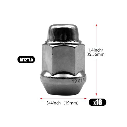 Image of 16pcs Chrome M12x1.5 Closed End Bulge Acorn Lug Nuts, 1.4 inch Length Cone Seat 19mm Hex