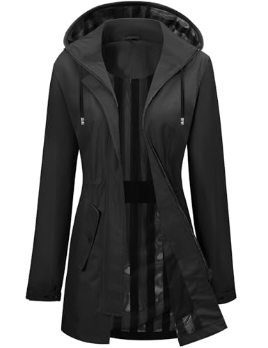 Tuopuda Imperméables Vestes pour Femme Longue Veste de Pluie Manteau à Capuche Coupe-Vent Imperméable Zip Poncho d'Extérieur Vêtement de Pluie à Capuche(Noir,M)