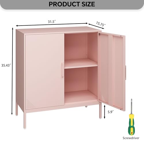 Steehoom Metal Storage Cabinet with 2 Doors, Steel Buffet Sideboard Entryway Locker Cabinet Kitchen Cupboard for Living Room, Dining Room, Kitchen, Office, Bar (Pink, 31.5\" D x 15.75\" W x 35.43\" H)