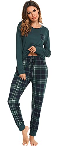 Vlazom-Damen-Schlafanzug-Lang-Zweiteiliger-Schlafanzug-Damen-Pyjama-V-Ausschnitt-mit-Karierte-Hose-Langarm-Pyjama-Set-Zweiteiliger-Sleepwear
