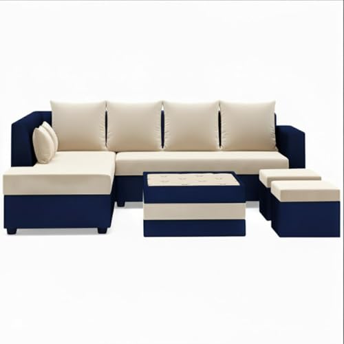 Image of CASASTYLE Stylify 8 Seater Fabric LHS L Shape Sofa Set with 1 Centre Table & 2 Ottoman (Cream-Dark Blue) 8-Person Seating with Premium Velvet Finish