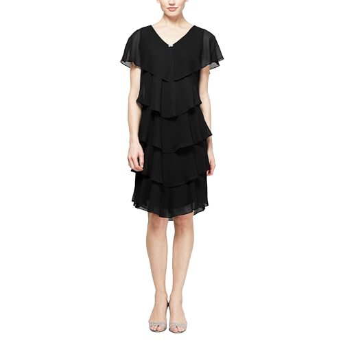 Image of S.L. Fashions Women's Short Sleeve Tiered Chiffon Cocktail Dress, Wedding Guest Gown (Petite and Regular Sizes)
