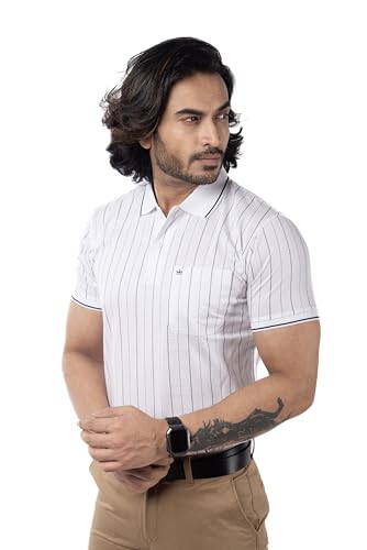 Image of Men's Polo T- Shirts Collar Neck Half Sleeves, Regular Fit, Cotton Mercerized Collection with All Over Vertical Printed Stripes /Comfortable and Soft