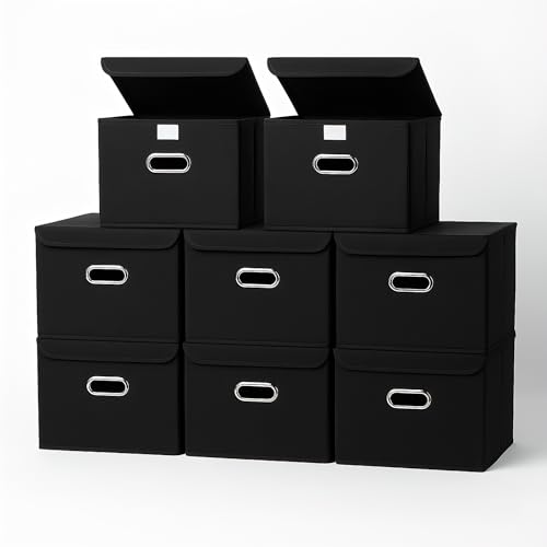 SEVENDOME 8-Pack Large Collapsible Storage Bins with Lids,Fabric Storage Cubes Organizer for Shelves,Closet,Nursery,Foldable Cube Storage Baskets with Handles,Home Boxes (14.9"x9.8",Black)