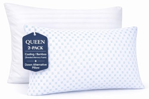 Image of Nestl Cooling Memory Foam Pillow with Down Alternative Pillows Combo Set - Queen Size Set of 2, 1 Soft and 1 Firm, Adjustable for Side, Back, Stomach Sleepers, Breathable Washable Bed Cover, 20 inchx30 inch