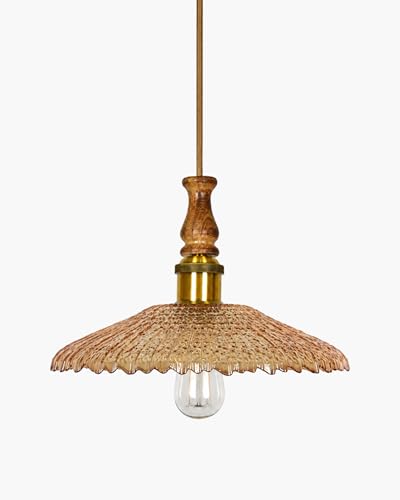 Image of Homesake Botanica Pendant Lamp | Petal Scalloped Glass Hanging Light with Solid Wood Top | Vintage European Ceiling Fixture, Pendant Light for Home Decor, Hallway, Kitchen & Balcony, (Ripple, Yellow)