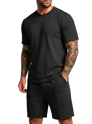 QIXING 2-Teiler Herren Sommer Outfit Kurz Trainingsanzug Hemd & Shorts Set Freizeitanzug mit Taschen Kurzarm(Schwarz L)
