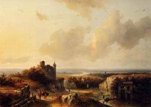 Peinture à l'huile Barend Cornelis Koekkoek : tableau grand format paysage de rivière et ruines