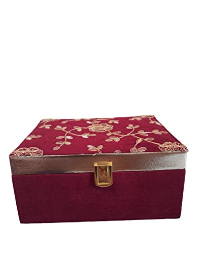 Bridester Makeup Storage Organizer Box with Adjustable Compartment & Multi Functional Cosmetic Box Makeup Hand Box for Travel & Home VELVET IN MAROON COLOR