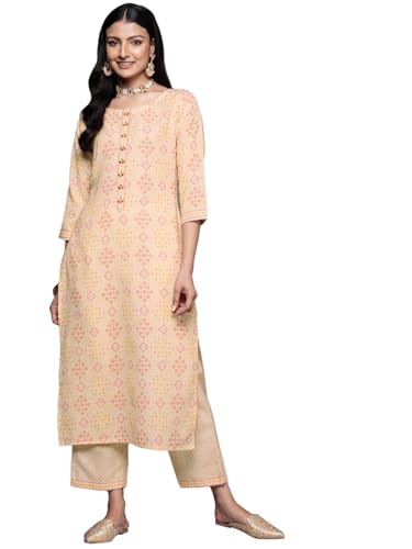 Image of Libas Womens Printed Cotton Blend Straight Kurta With Trousers