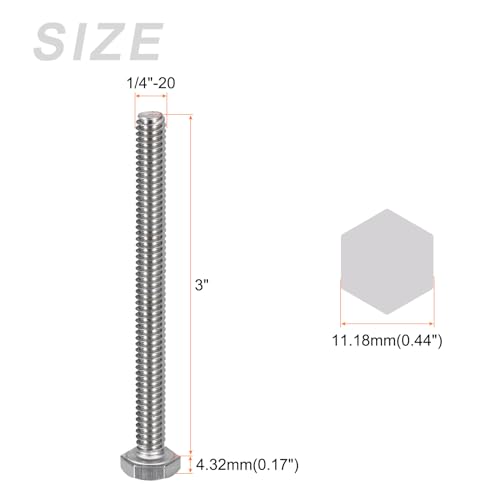 Image of METALLIXITY Hex Head Bolts (1 /4-20 x 3) 20Pcs, 304 Stainless Steel 18-8, Fully Threaded, External Hex Drive, Plain Finish, Hex Head Screw Bolt, Silver