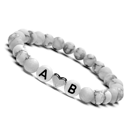 Preisvergleich Produktbild Partnerarmband, Armband mit Buchstaben Personalisiert, Personalisierbare Perlen Armbänder für Pärchen, Howlith Perlenarmband I Paar Arrmband mit Wunschgravur / Freundschaftsarmband / - Weiß