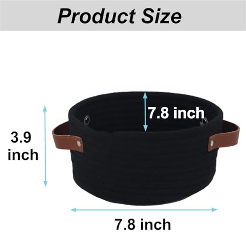 Image of Small Woven Basket, Cute Mini Cotton Rope Storage Basket with leather handle, Tiny Decorative Round Storage Bin, Boho Empty Gift Baskets for Organizing, Toy Organizer for Nursery (Black)