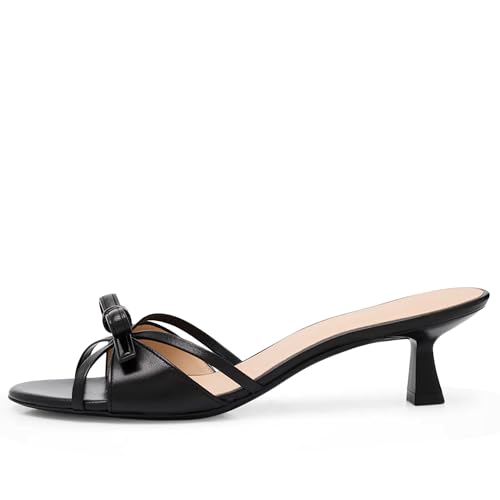 Women Heeled Sandals Mules Round Open Toe Bow Slides Low Kitten Heels Silp On Slippers Casual Stiletto Wedding Dress Slide Shoes