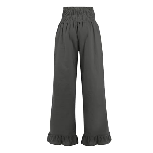 Image of Womens Linen Palazzo Pants Ruffle Hem Drawstring Boho Trousers Beach Travel Vacation Outfits