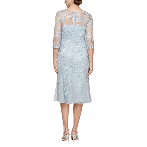 Image of Alex Evenings Womens Tea Length Embroidered Cocktail Dress with Illusion Sleeves, Wedding Guest (Petite and Regular Sizes)