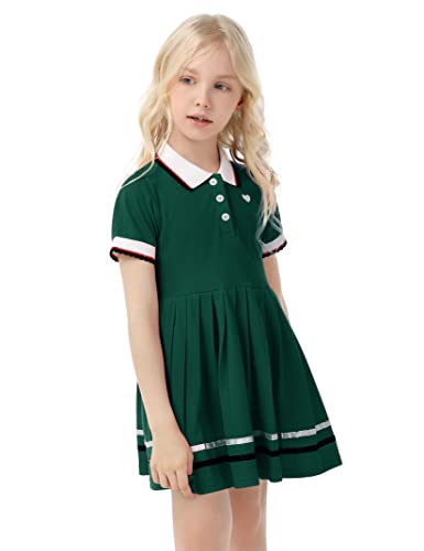 Huanye Girl's Vintage Peter Pan Doll Collar Uniform Button Down Shirt Casual Dress, Green, 9-10 Years #TOP2