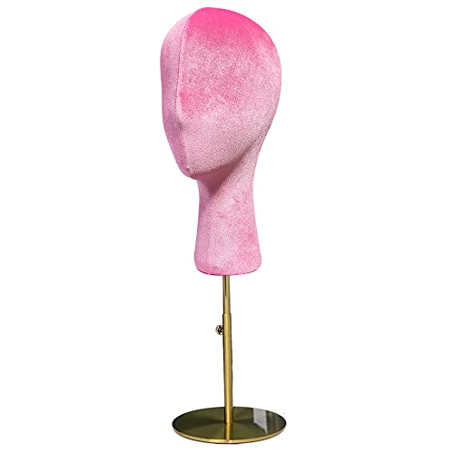 De-Liang Female Display Velvet Head Dress Form With Adjustable Golden Round Base,Fully Pinnable Head Can Wear Earring! Head For Hat Wig Jewelry Display,Clothing Fabric Head Model, Rose Red33Cm #TOP8