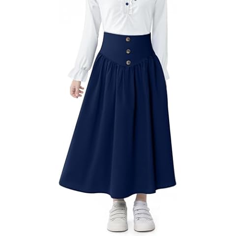 Kukume Girl Maxi Skirt High Waist A-Line Front Button Decoration Long Skirt with Pockets, 13-14Y, Navy Blue Cover