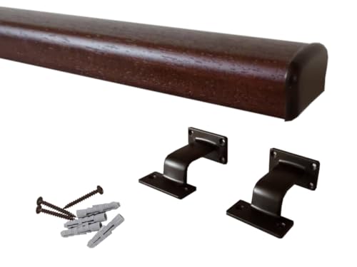 Corrimano per scale in legno sagomato, colore noce scuro, Kit compreso di supporto e terminale bronzato, varie misure (Noce scuro+bronzato 1,5mt)
