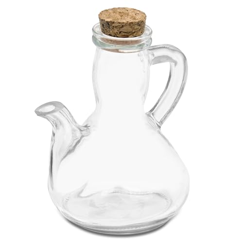TIENDA EURASIA - Aceitera Porron | de Cristal | Transparente | con Tapón de Corcho | 9,5x12x14,5 cm | Antigoteo | Capacidad 290 ml