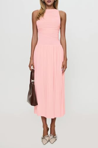 Image of Womens Summer Casual Midi Maxi Dress 2026 Sleeveless Ruched A Line Flowy Cocktail Wedding Guest Beach Long Sundress