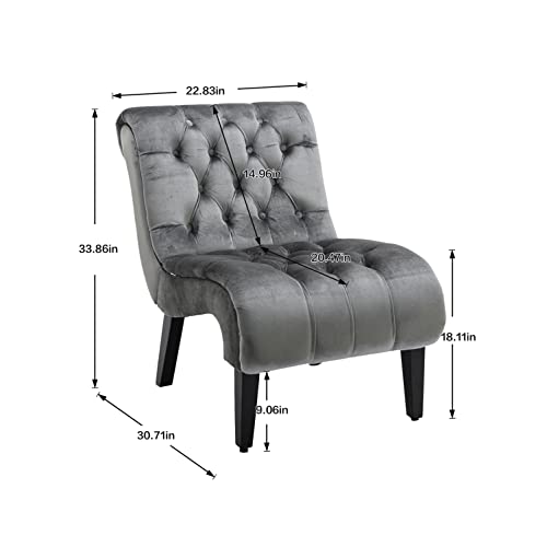 Comfy Velvet Accent Chair, Upholstered Armless Side Chair For Living Room, Modern Lounge Chair With Tufted Back And Rolled Edge Design, Comfy Reading Chair With Solid Rubber Wooden Legs, Silver #TOP1