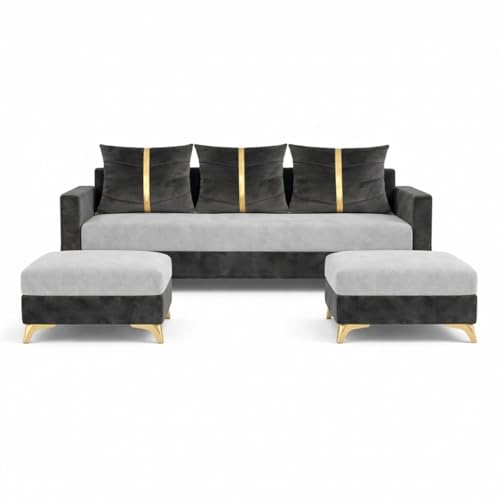 Image of Caviar 5 Seater L Shape Sofa Set with 2 Movable Ottomans | Flexible Layout | Luxury Velvet Suede Fabric | Modern Living Room Sofa | Dark Grey-Light Grey