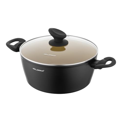 FLORINA AMVEGAN Olla de aluminio 24 cm I 3,6L I Alta durabilidad I Tapa de vidrio I Recubrimiento cerámico con aceite de oliva I Fácil de cocinar y enjuagar I Diseño original